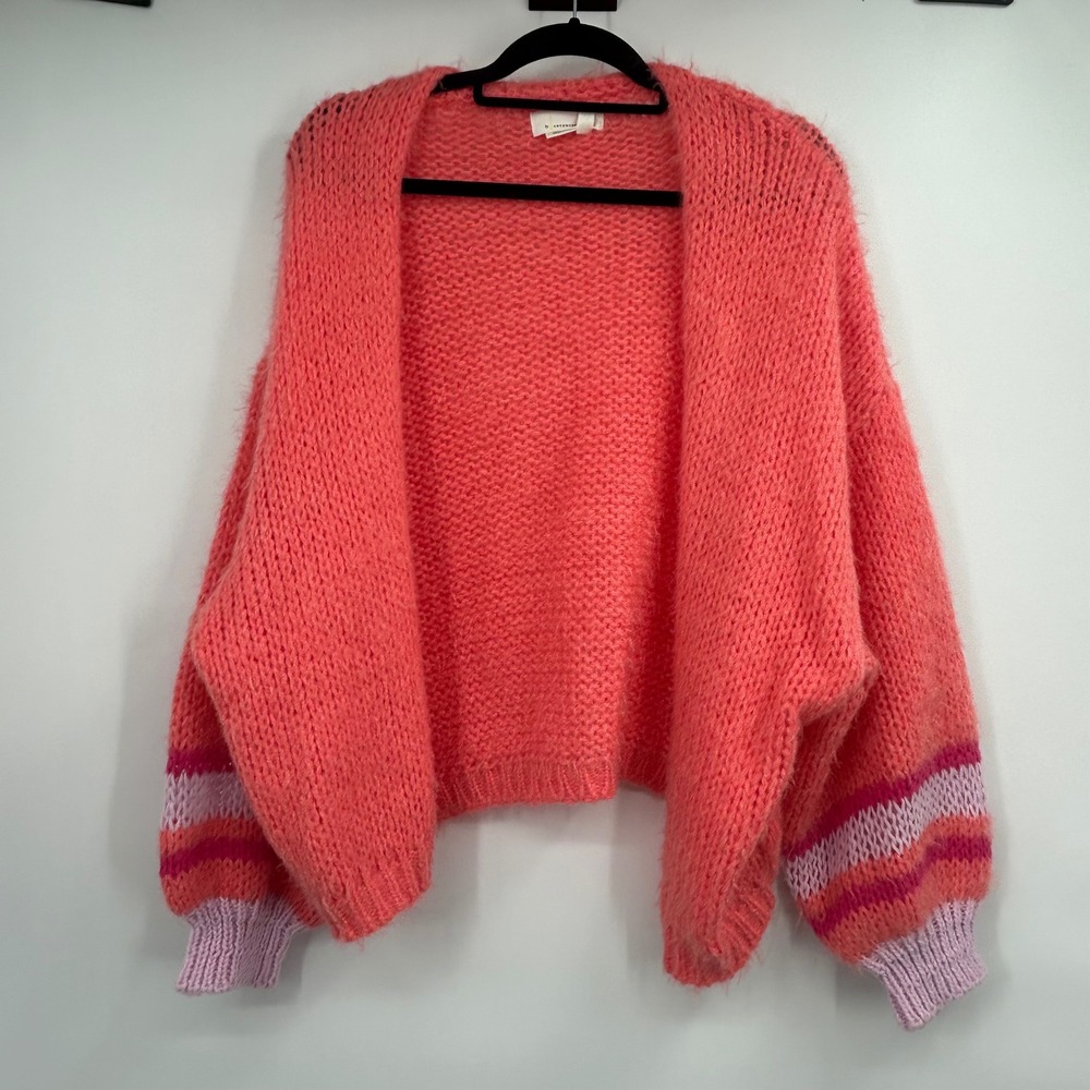 By Anthropologie Stripe-Sleeve Cardigan Sweater Coral Pink Fuzzy One Size